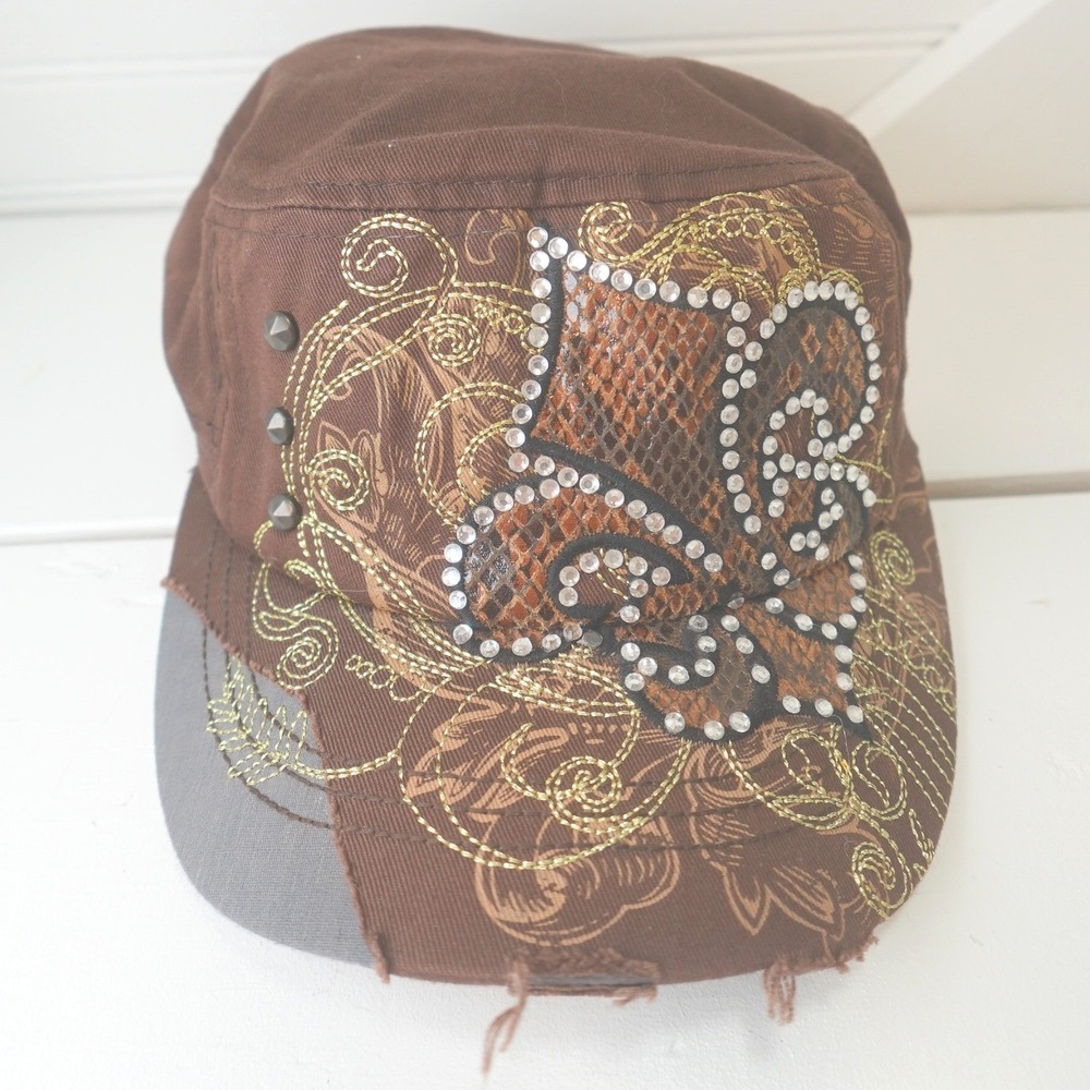 Women's Y2K Hat Cadet Cap Kbethos Brown Grunge Fleur de Leis Rhinestone Painted